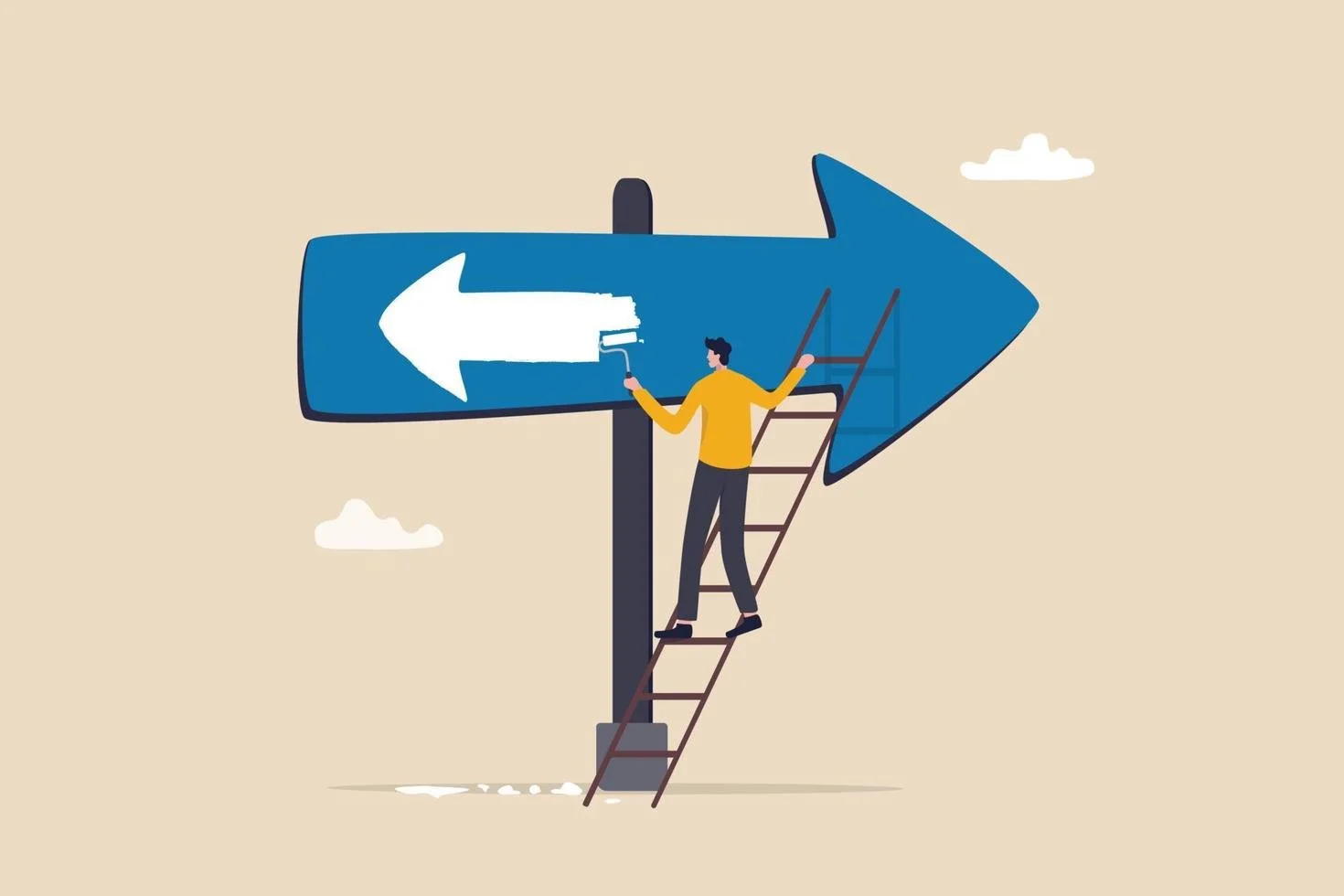 Persona pintando la flecha de dirección en un cartel grande con una escalera