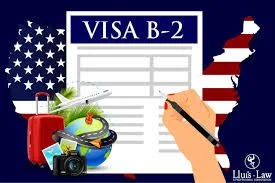 Formulario de visa B-2 con un icono de Estados Unidos, junto a una maleta, cámara y artículos de viaje, con una mano firmando el formulario.