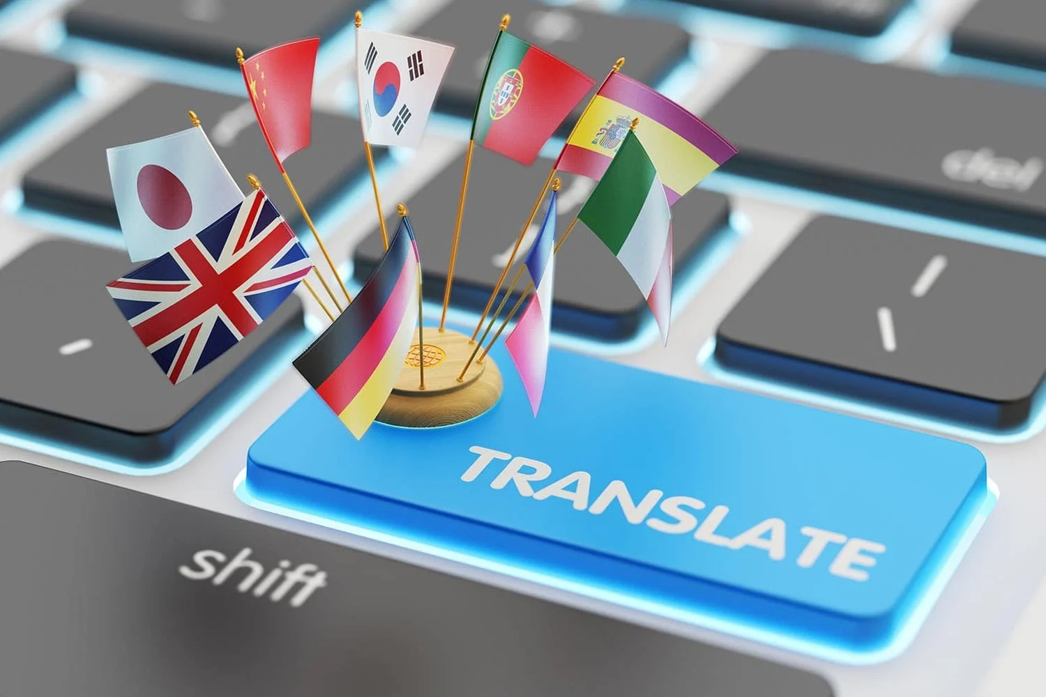 varios banderas de diferentes países emergen de una tecla azul que dice 'TRANSLATE' en un teclado de computadora, con una tecla gris que dice 'shift'.