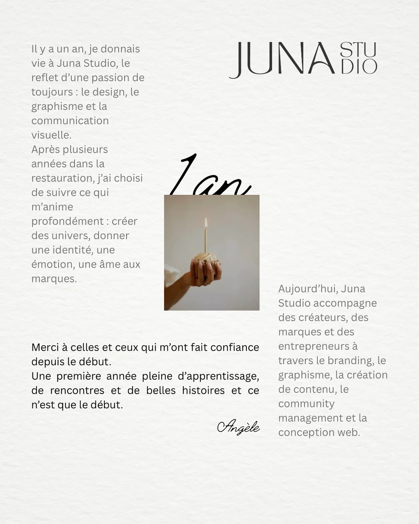 Juna Studio fête sa première année ! 
12 mois de projets, de collaborations, de rencontres, d’émotions et de créativité.
Merci pour votre confiance et votre soutien depuis le tout début.
L&rsqu