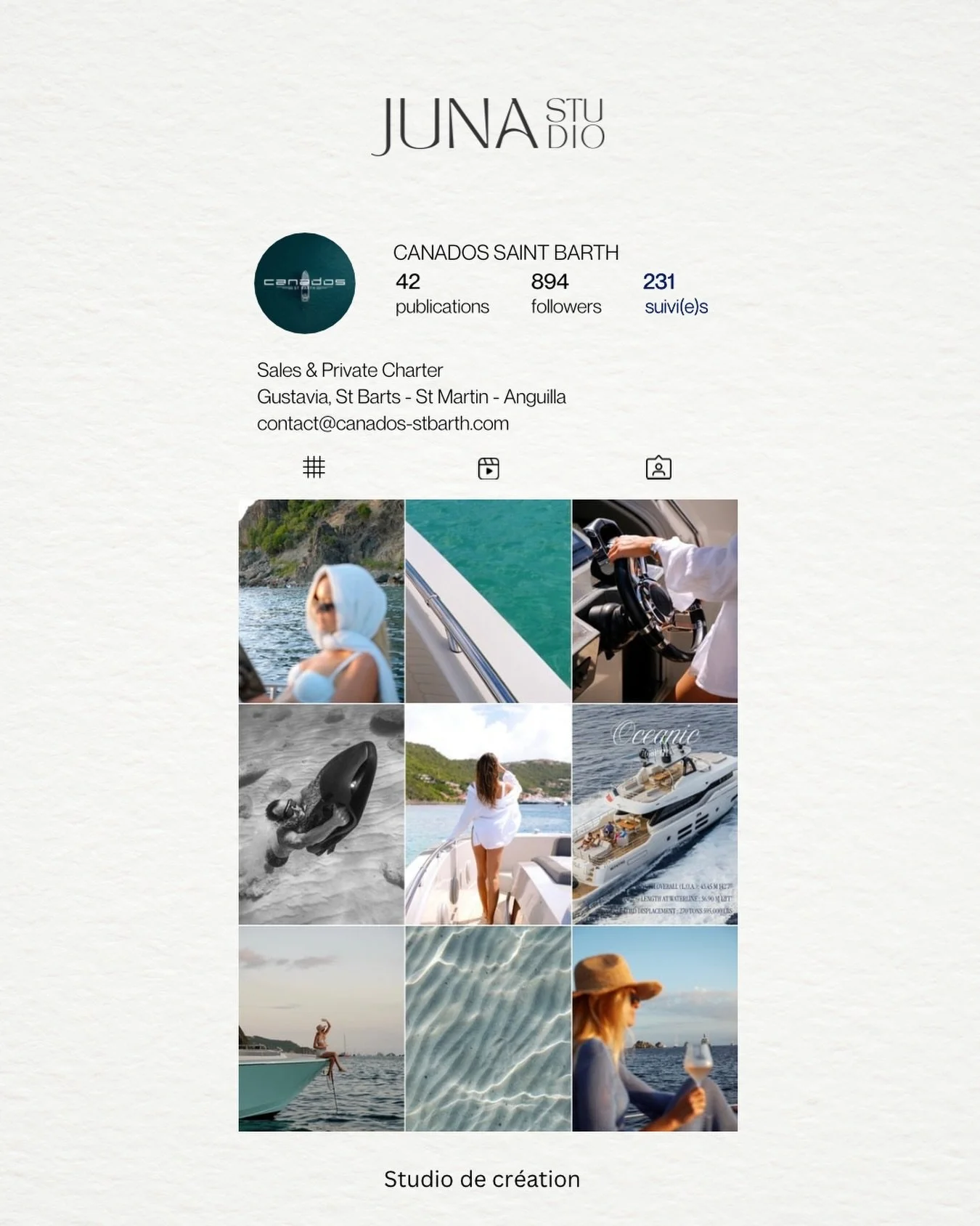 Cr&eacute;ation du feed Instagram pour CANADOS Saint Barth.
Direction artistique, harmonisation visuelle &amp; production de contenu photo pour refl&eacute;ter l&rsquo;&eacute;l&eacute;gance et l&rsquo;exp&eacute;rience &agrave; bord.

Un univers pen