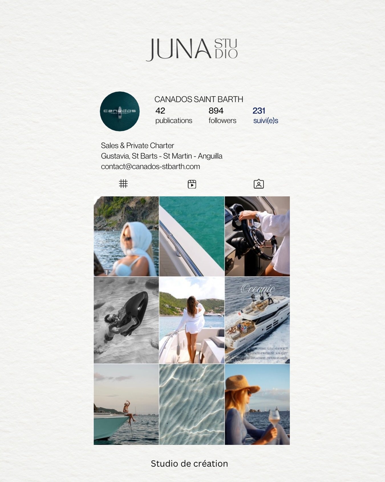 Cr&eacute;ation du feed Instagram pour CANADOS Saint Barth.
Direction artistique, harmonisation visuelle &amp; production de contenu photo pour refl&eacute;ter l&rsquo;&eacute;l&eacute;gance et l&rsquo;exp&eacute;rience &agrave; bord.

Un univers pen