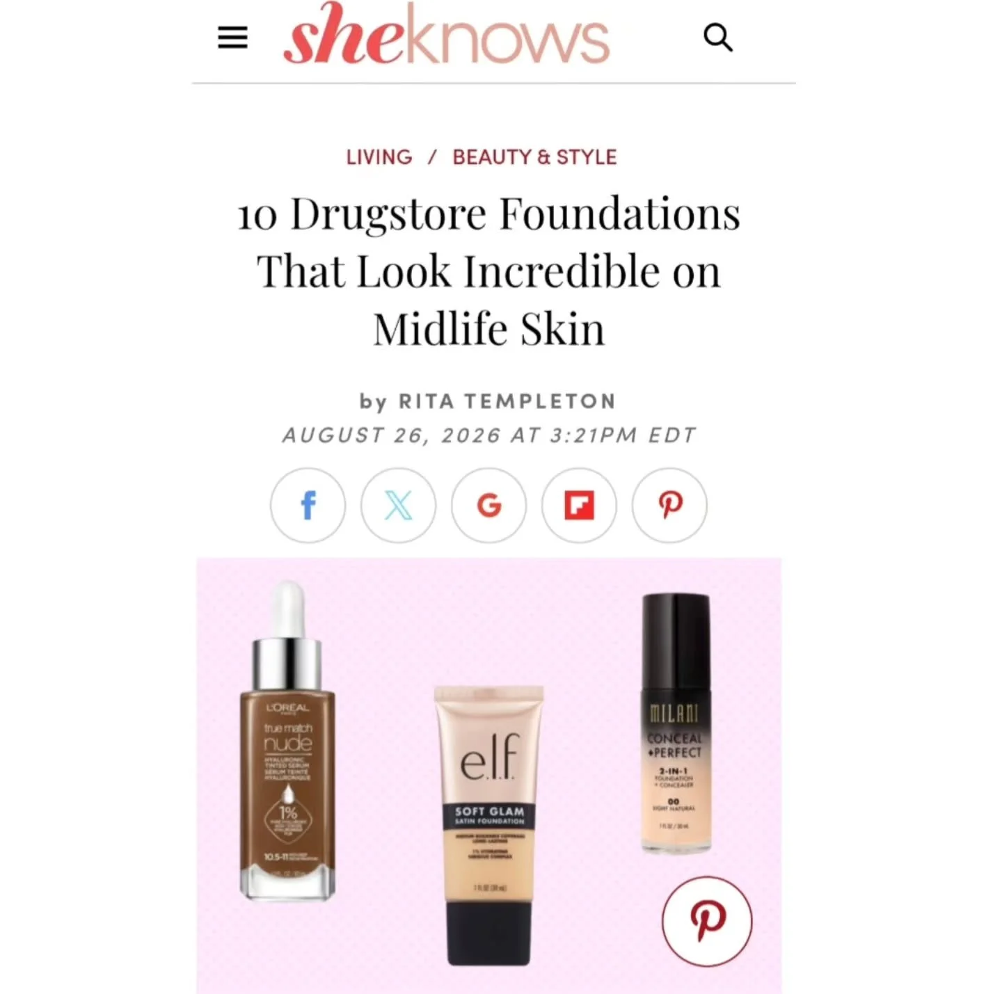 Who says beautiful foundation has to come with a luxury price tag?

I&rsquo;m thrilled to be featured as a makeup expert in SheKnows&rsquo; new article, &ldquo;10 Drugstore Foundations That Look Incredible on Midlife Skin.&rdquo; Read it here: https: