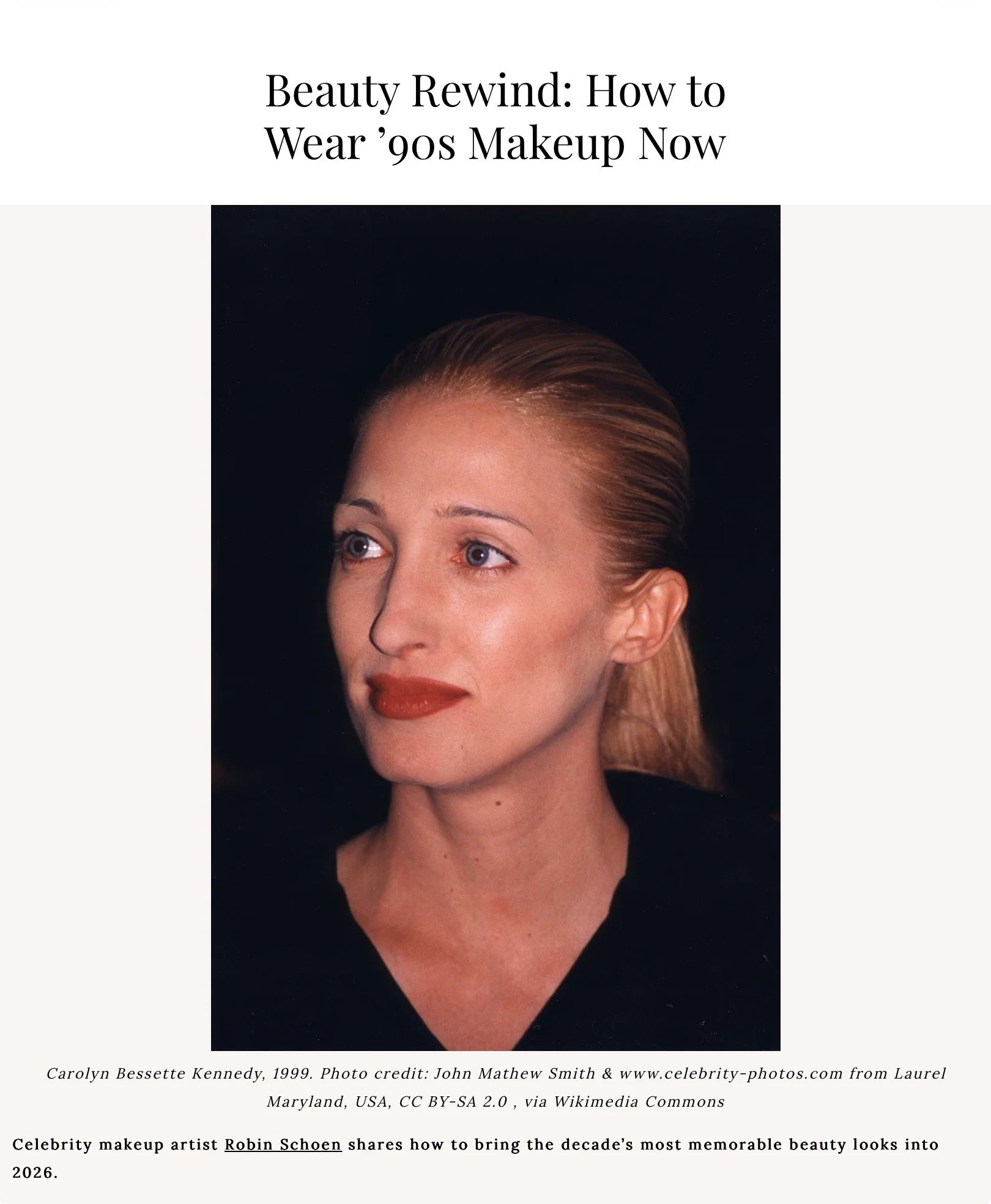 Photo of Carolyn Bisset- Kennedy showcasing g her signature 90’s thin brows and red lips for a blog article featuring celebrity makeup artist Robin Schoen on how to wear 90’s makeup now