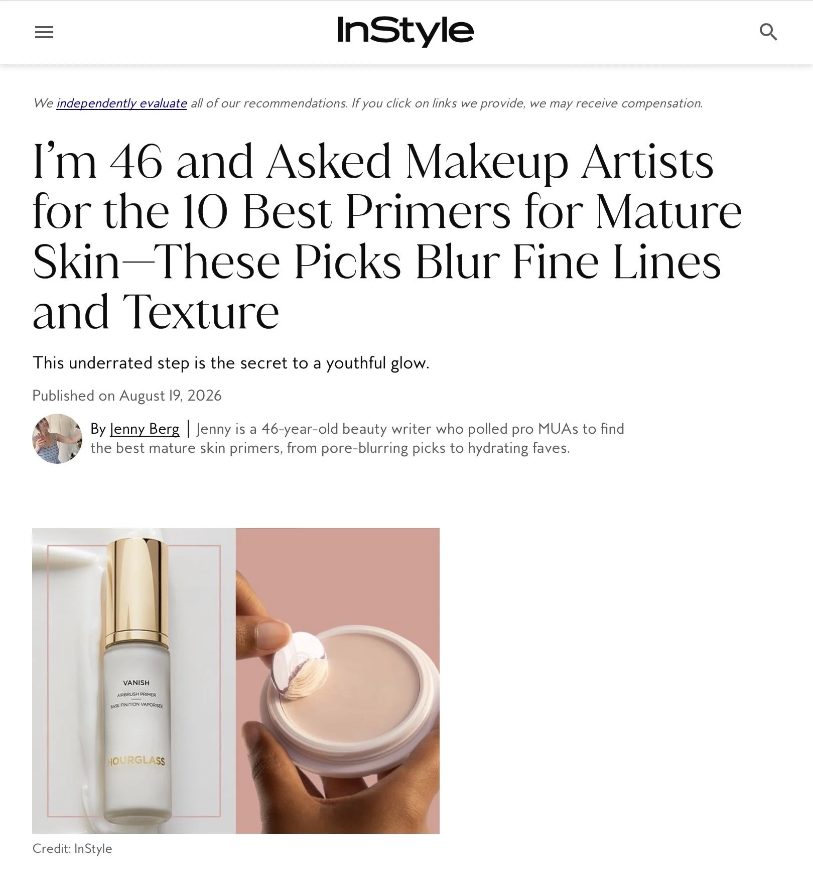 Part of a webpage from InStyle magazine featuring an article about makeup primers, with a close-up image of a hand holding a compact powder and a tube of primer labeled 'Vanish' beside it.