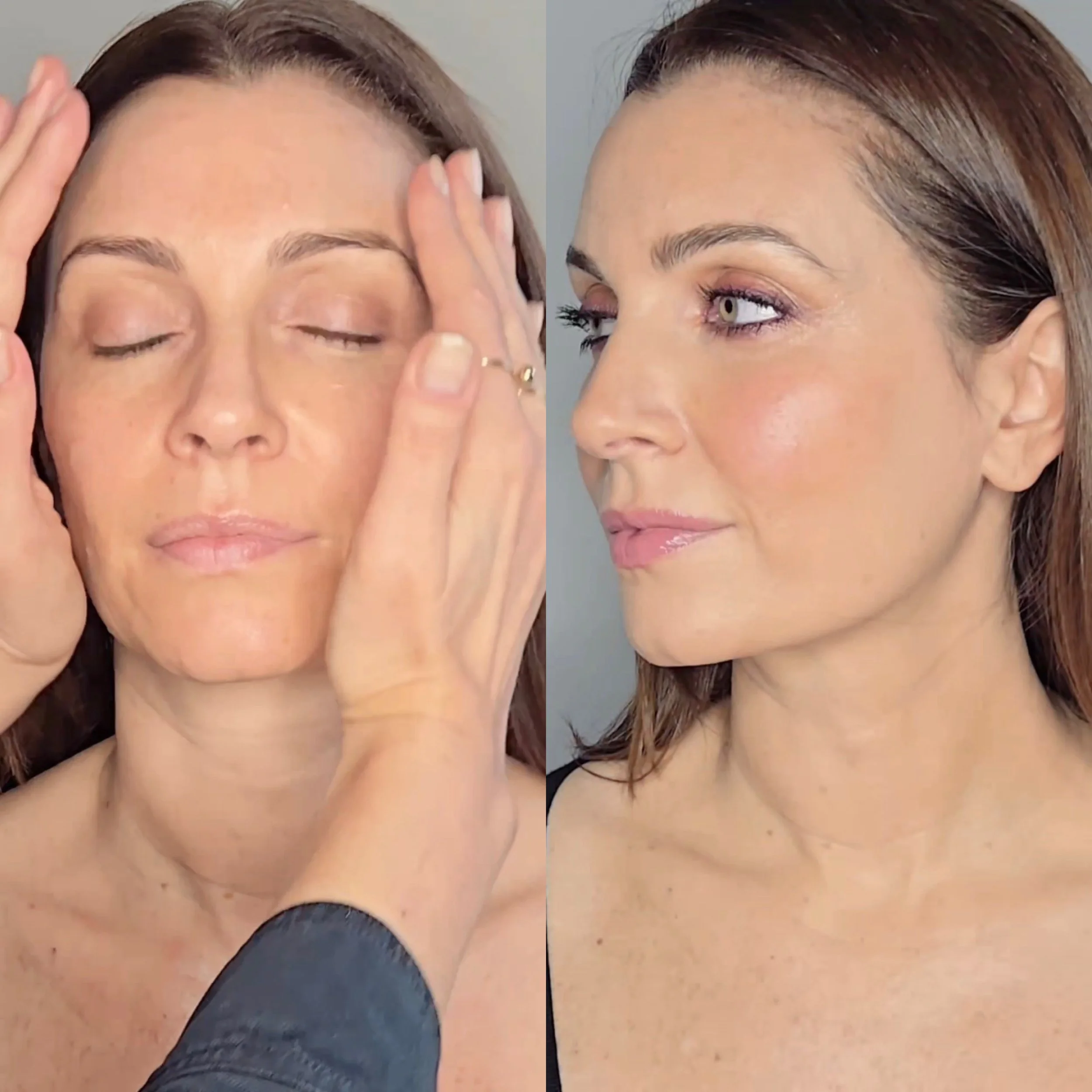 Close-up profile of a woman featuring a radiant, lit-from-within makeup application by Robin Schoen, showcasing the sophisticated results of post-operative luxury care