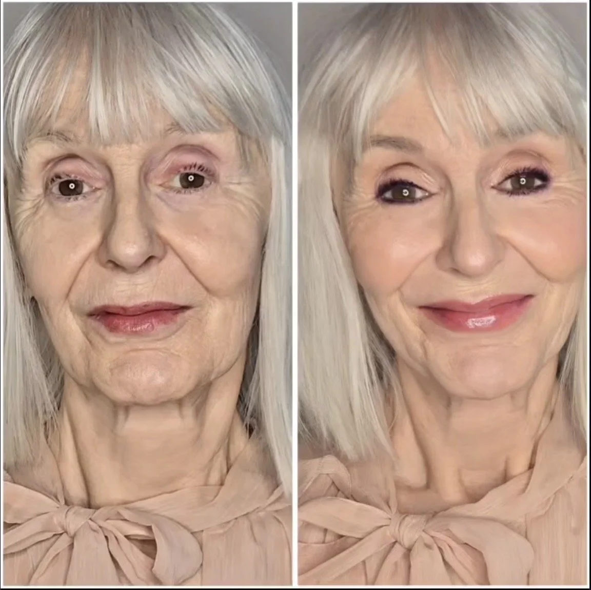 Before and after image of a 70 year old woman wearing natural, timeless makeup. Link to professional makeup videos and commercial beauty reels by Robin Schoen.