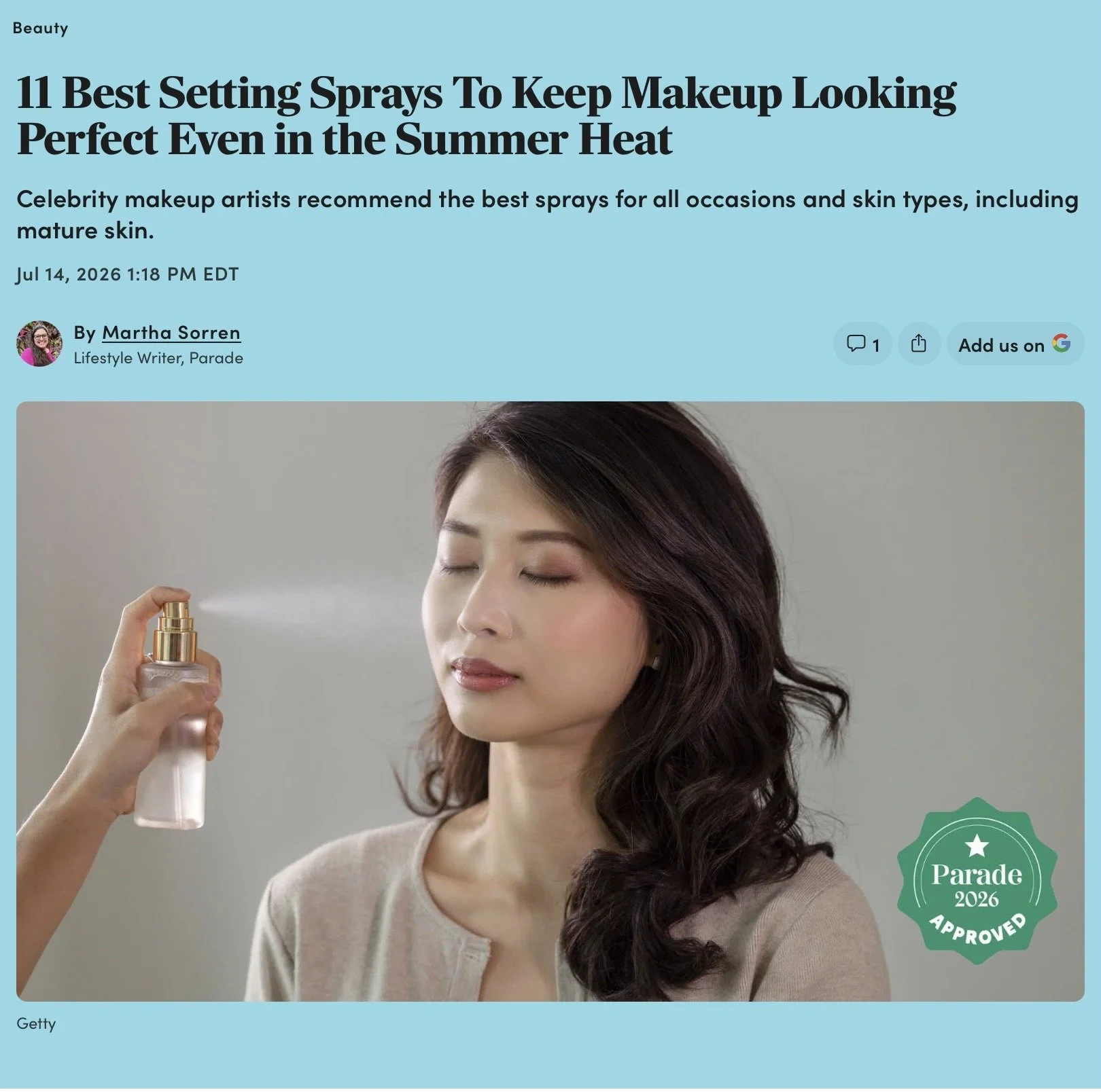 Article feature: “11 Beat Setting Sprays To Keep Makeup Looking Perfect Even in the Summer Heat” featuring beauty expertise Robin Schoen’s professional makeup advice.