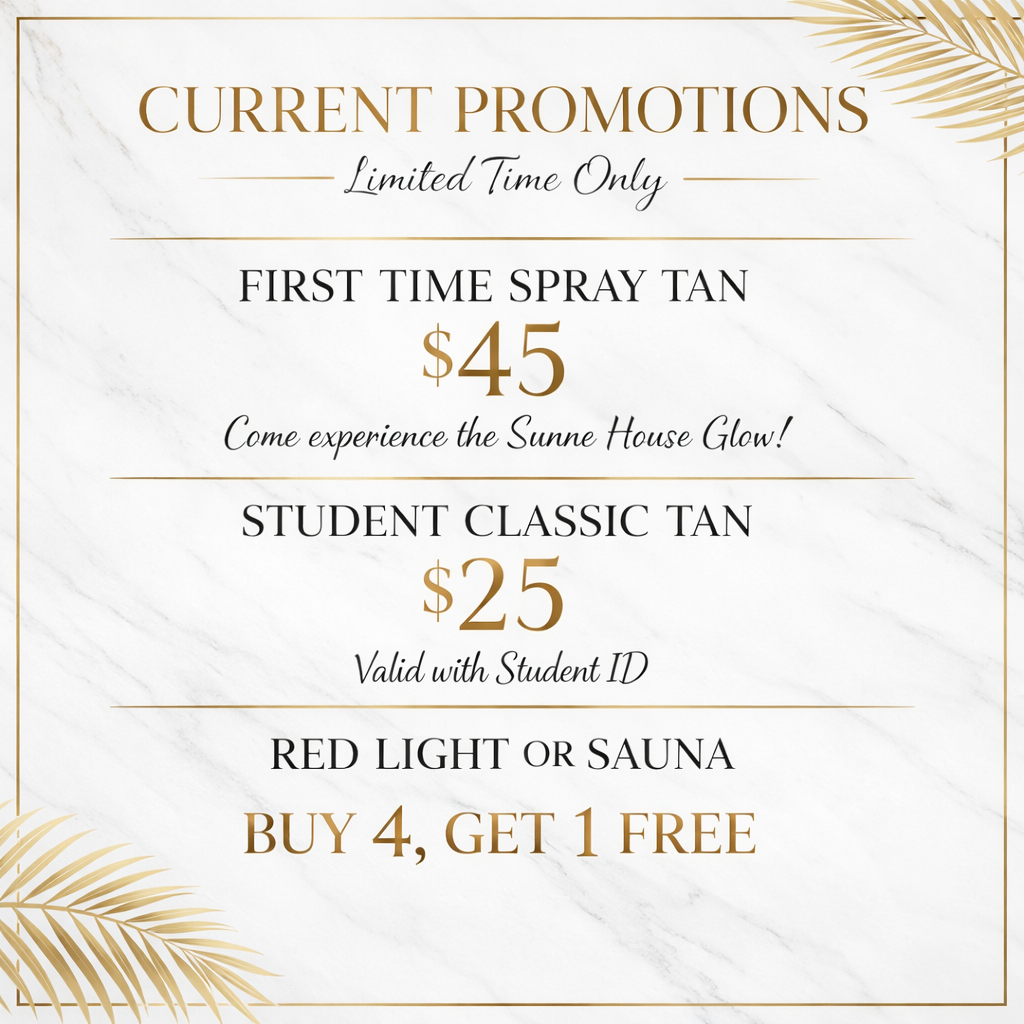 A promotional flyer with gold and black text on a white marble background, featuring offers for spray tans, classic tans, and red light or sauna sessions, with gold palm leaf accents in the corners.