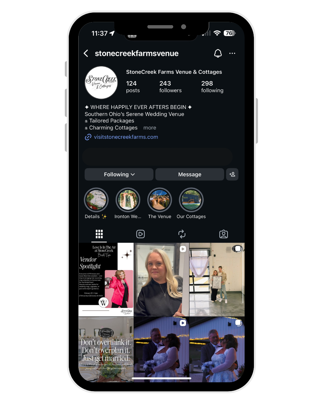 Instagram profile page for StoneCreek Farms Venue & Cottages, showing profile picture, follower and post counts, bio information, and thumbnail images of events and scenery.