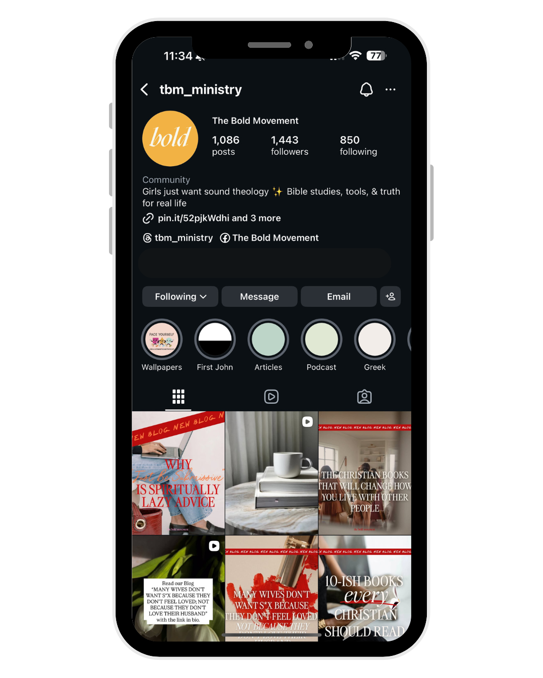 Instagram profile page of The Bold Movement, a community focused on sound theology, Bible studies, and truth for women, with various posts and stories related to Christian books and advice.