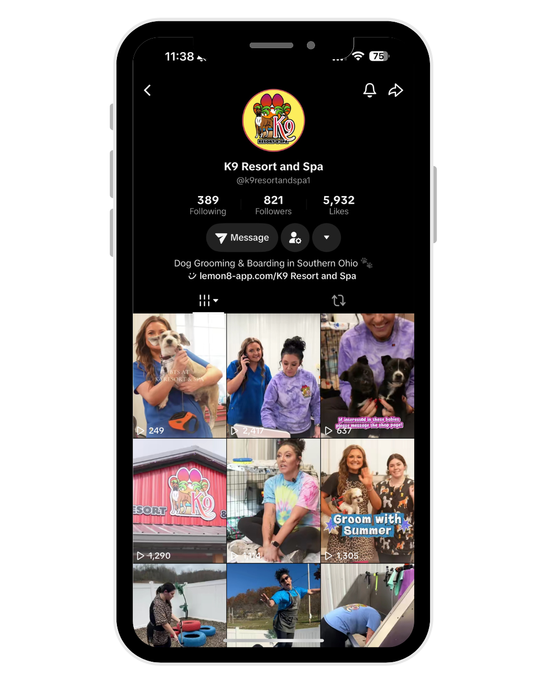 Twitter profile page for K9 Resort and Spa, a dog grooming and boarding business in Southern Ohio, displaying photos of groomed dogs, staff, and the facility.