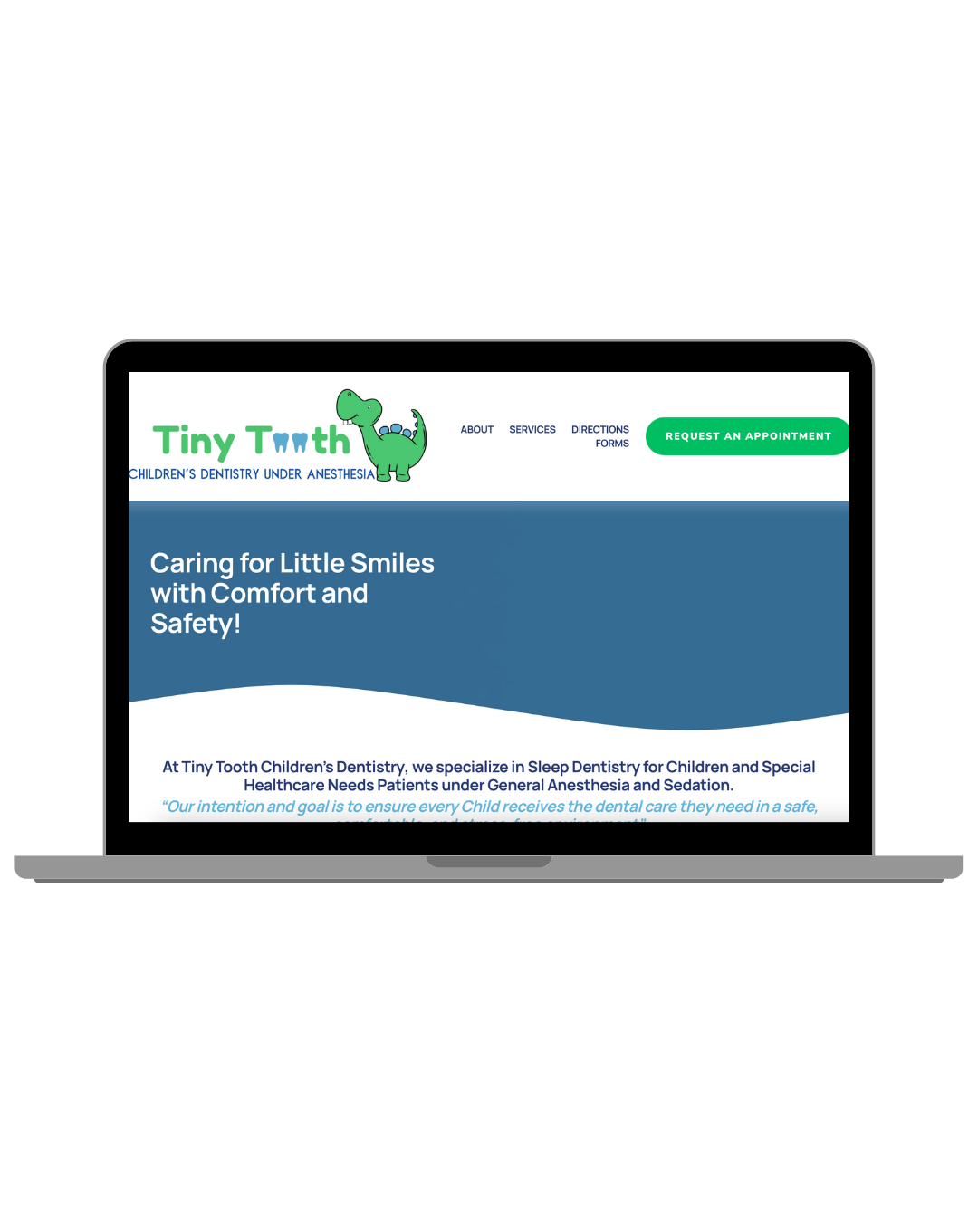 Screenshot of Tiny Tooth Children's Dentistry website homepage, featuring a cartoon dinosaur logo and navigation menu with sections for about, services, directions, forms, and a green button labeled "Request an Appointment."