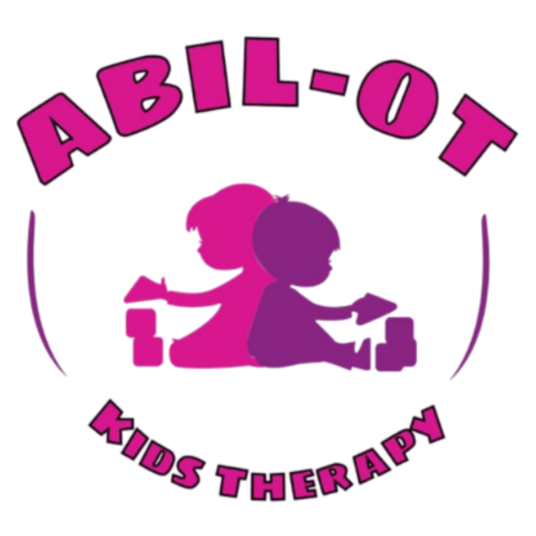 Logo for Abilot Kids Therapy featuring a purple silhouette of a child playing with toys, with the words 'ABILOT' curved at the top and 'KIDS THERAPY' at the bottom in pink and purple text.