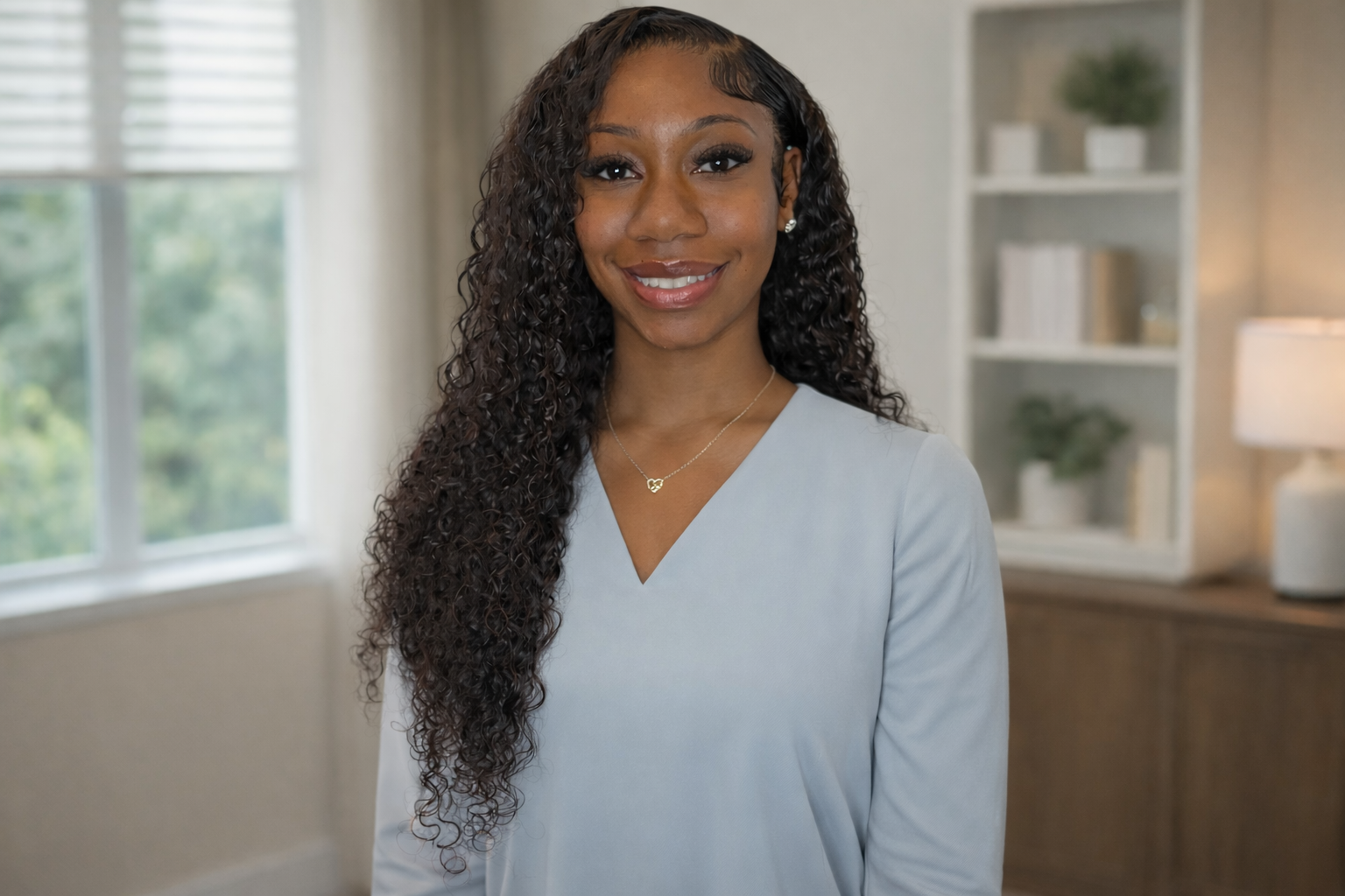 A woman with long, curly dark hair and a light gray top smiling in a brightly lit room with large windows and a bookshelf in the background.