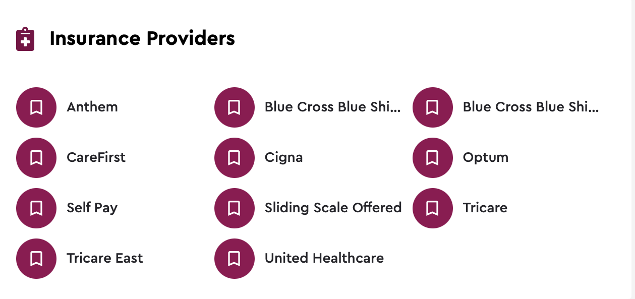 List of insurance providers with their names and icons, including Anthem, CareFirst, Self Pay, Tricare East, Blue Cross Blue Shield, Cigna, Sliding Scale Offered, United Healthcare, Optum, and Tricare.