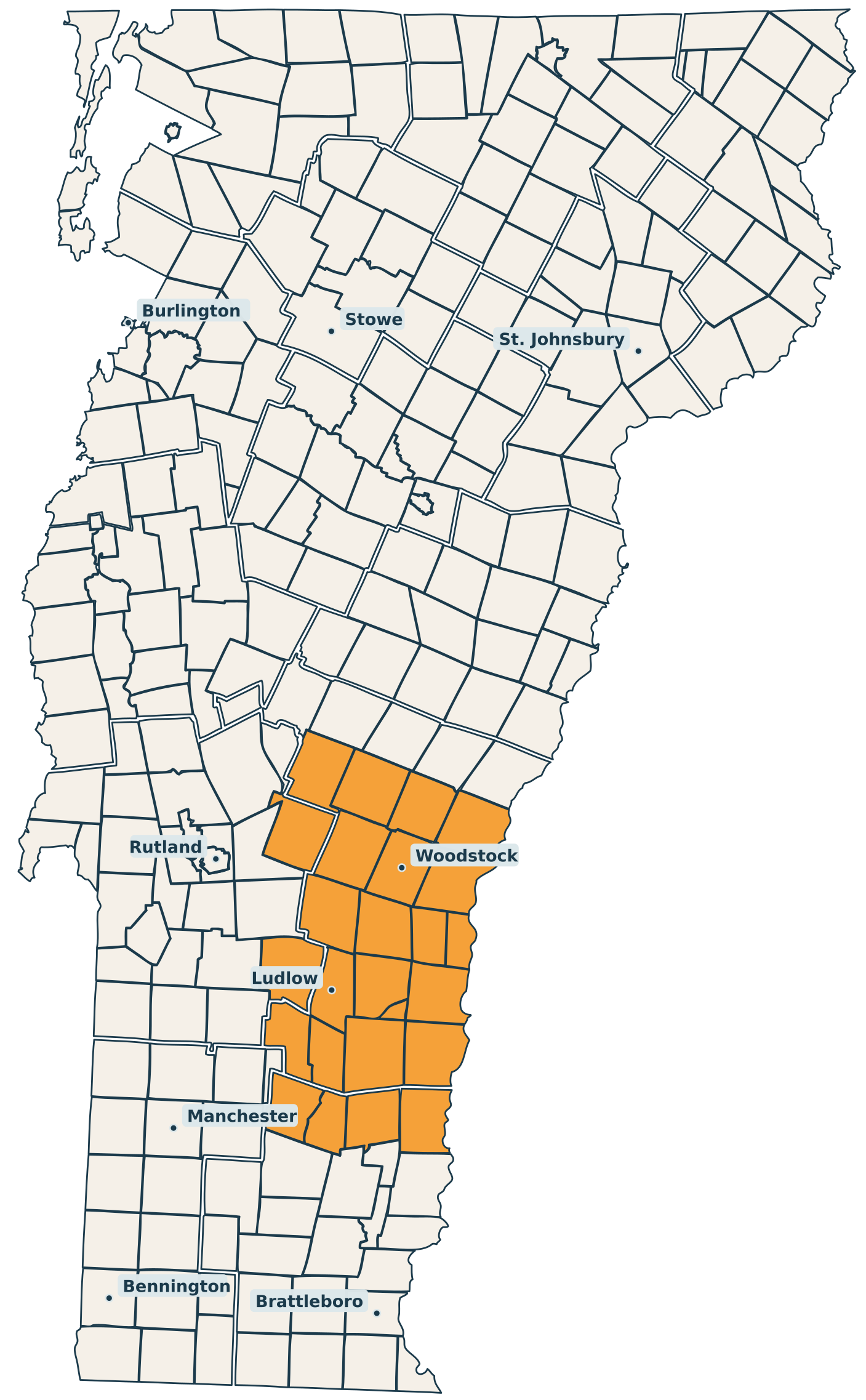 Map showing the Vermont Wayfinders private tour pickup area
