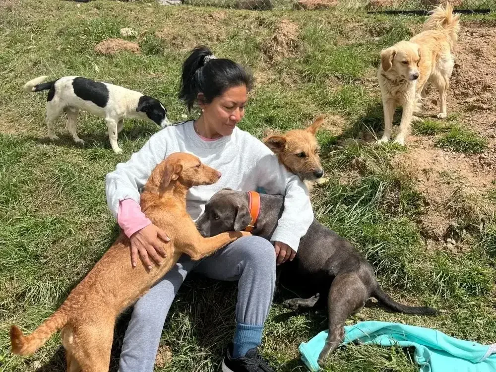 Woman with rescue dogs