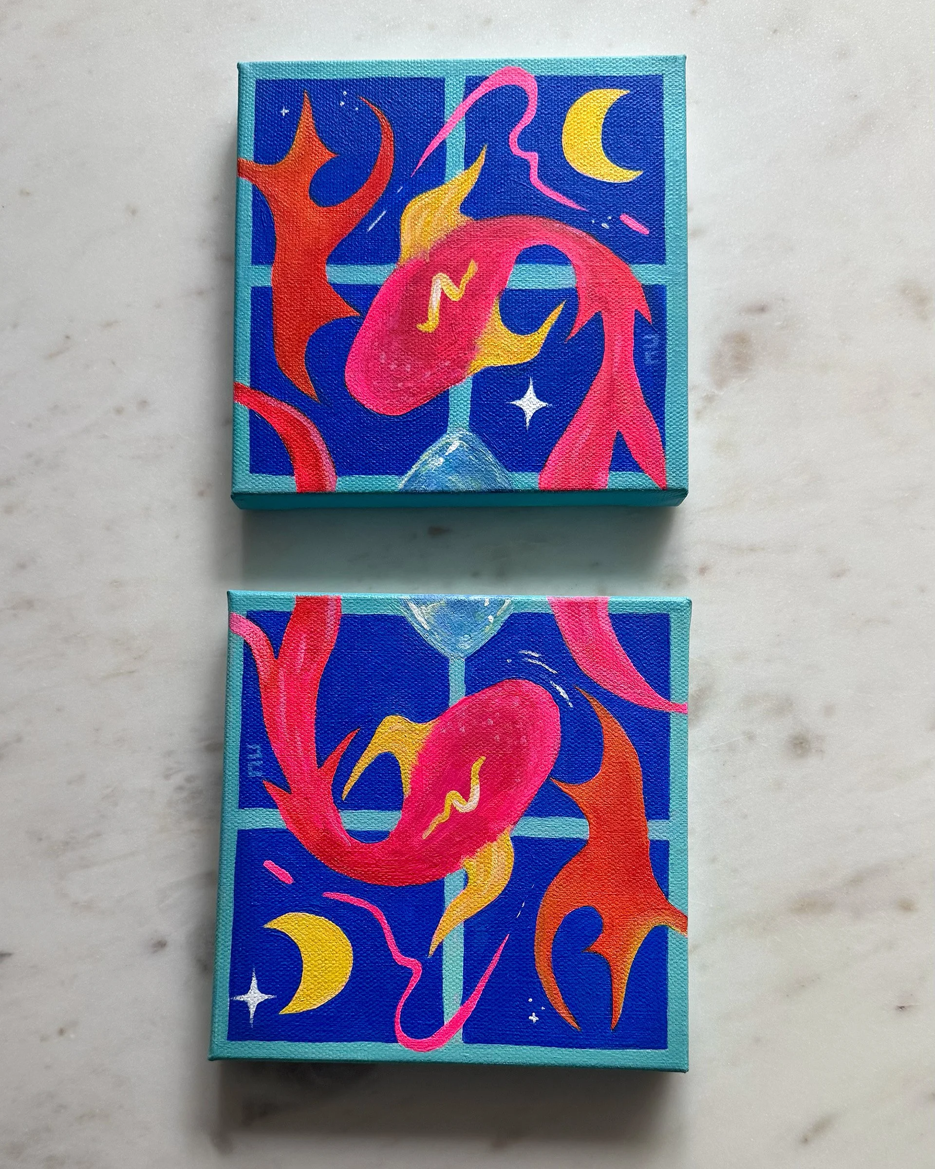 "Pieces of She" / 2025 / Diptych Acrylic on two 6x6" Canvases / Commissioned Piece