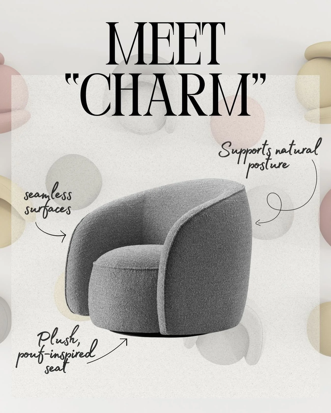 Introducing Charm by @sourceinternationaldesign 😄
With multiple base options from swivel to bun feet - Charm makes it easy to tailor movement and style! Built to perform supporting up to 400 lbs, and backed by lifetime warranty! 
Charm doesn’t