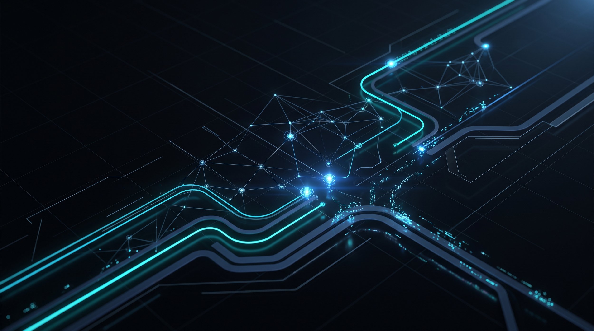 A digital illustration of a futuristic circuit board with glowing blue lines and dots resembling a network or data flow.