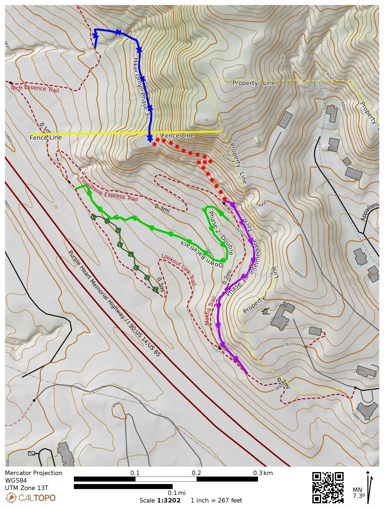 Topographic map showing contour lines, property lines, trails, and roads, with labels and a scale indicating distance.