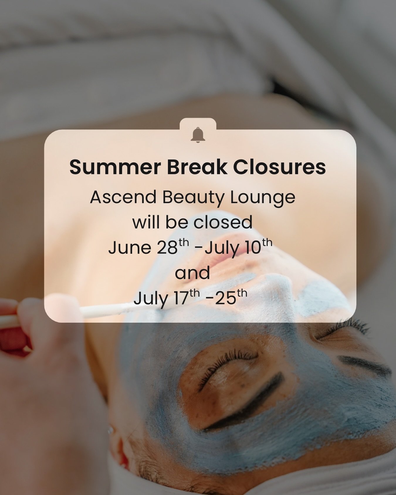 Please mark your calendars and get those appointments scheduled! June is filling up fast and there&rsquo;s limited availability in July. See you soon to get you ready for all of your summer activities and events.

Ascend Beauty Lounge in Old Town She