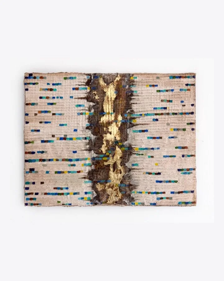 Threshold// Umbral [study for a larger triptych] 
This work centers on a vertical axis of gold leaf, a luminous spine within heavily textured concrete fields, with striated pigment - scattered pulses of color distributed like ideas, opinions, our ing