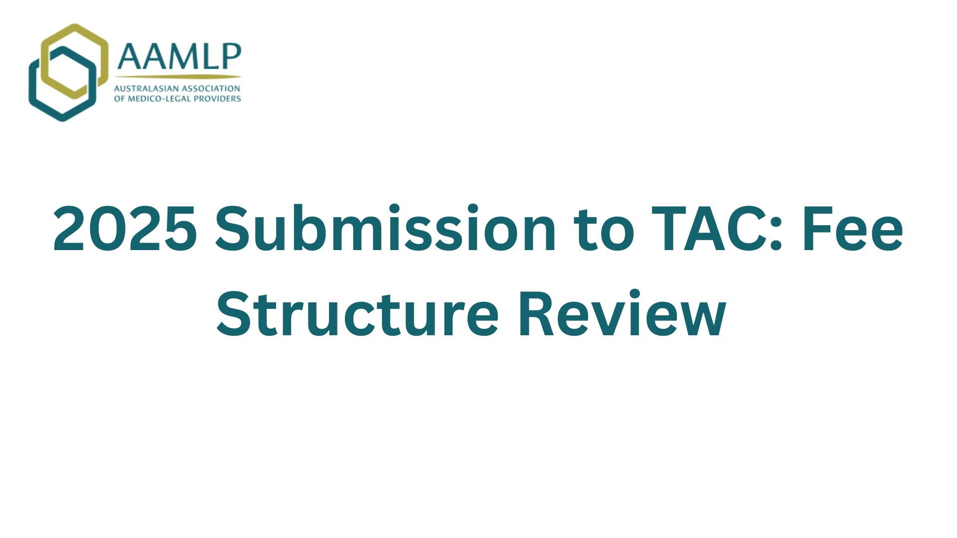 Title slide for a presentation by the Australasian Association of Medico-Legal Providers titled '2025 Submission to TAC: Fee Structure Review' with the organization's logo in the top left corner.