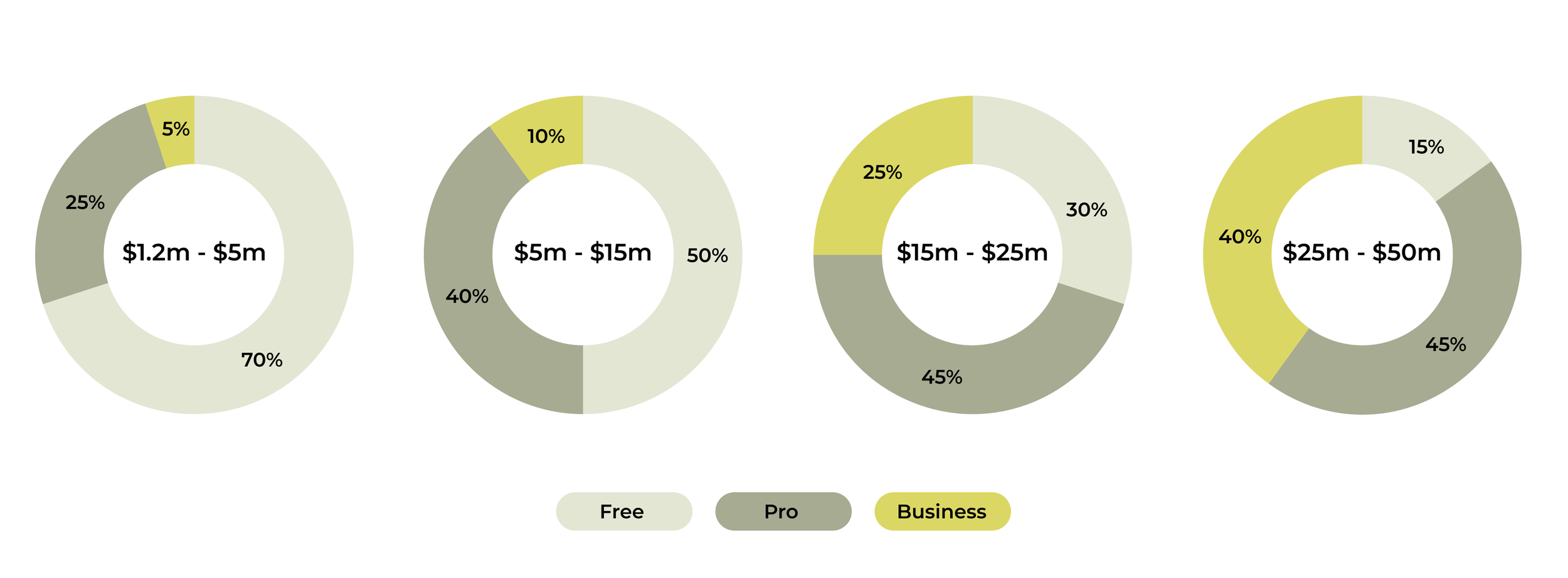 4 pie chards showing account types per revenue band