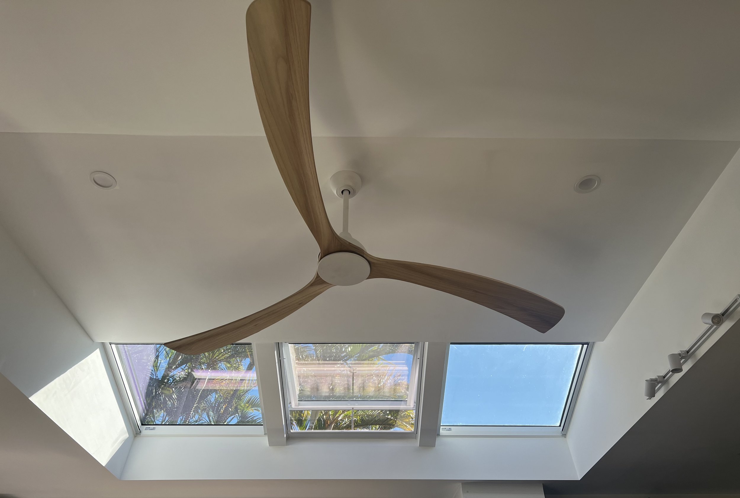 Three skylights including an opening skylight allow light in and hot air out.