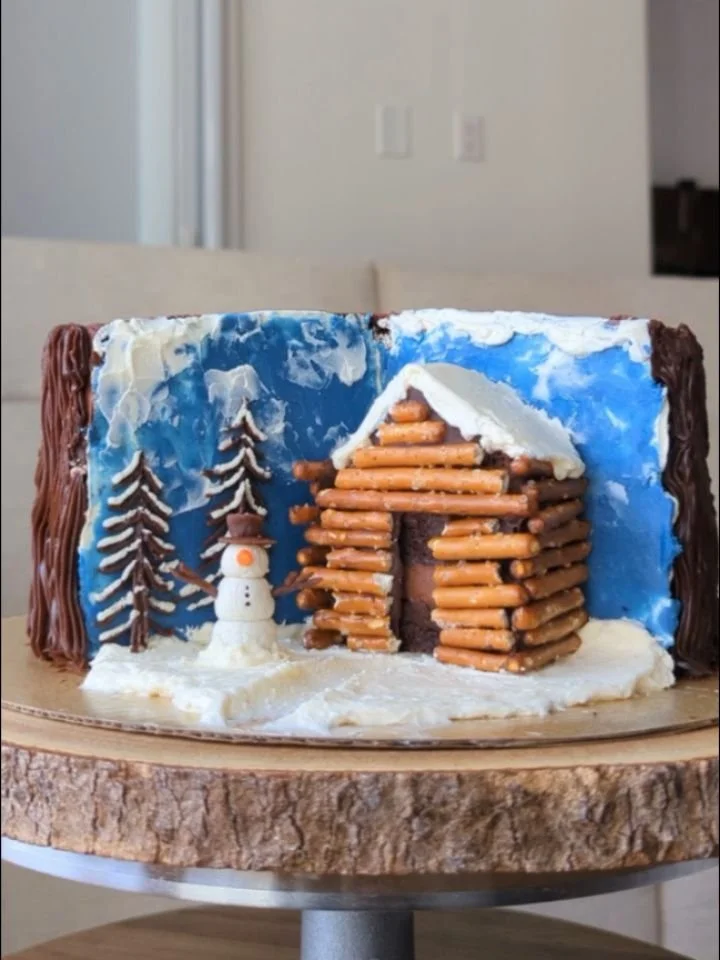 This is my belated birthday cake 🥳 (because sometimes my lofty ideas can't be rushed). I had been toying with this idea of a Winter Wonderland hidden inside a cake that makes you feel like you've walked into a storybook setting.

Between the pretzel