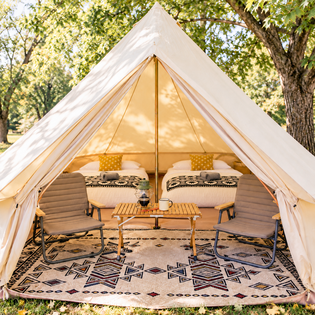 A cozy glamping tent with two beds, decorative pillows, and rolled blankets inside, surrounded by chairs, a small table with a lantern and mug, set outdoors with green trees.