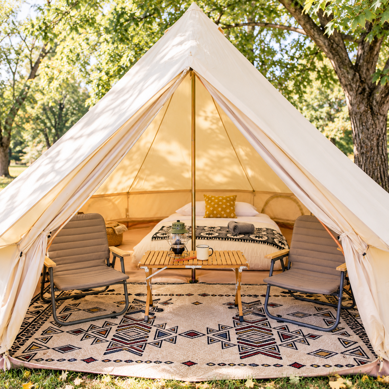 A cozy glamping tent with one bed inside, two chairs, a small table with a lantern, mug, and rolled blanket, surrounded by trees and greenery.