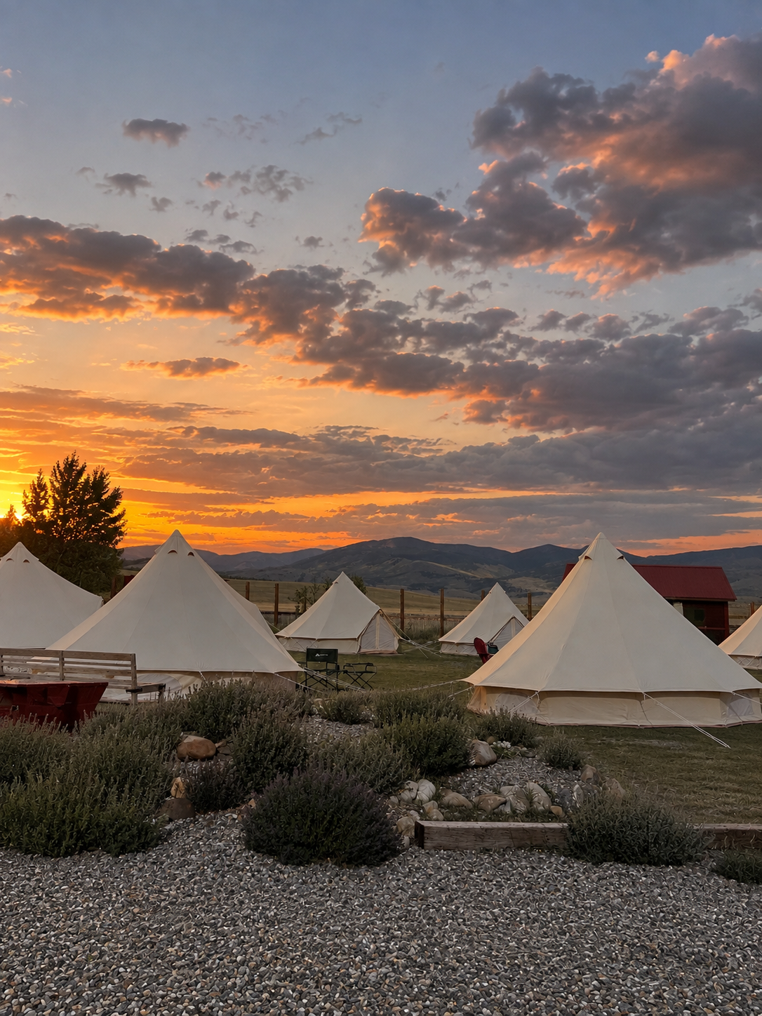 Several white canvas tents set up in an outdoor area at sunset, with a cloudy sky and mountains in the background.