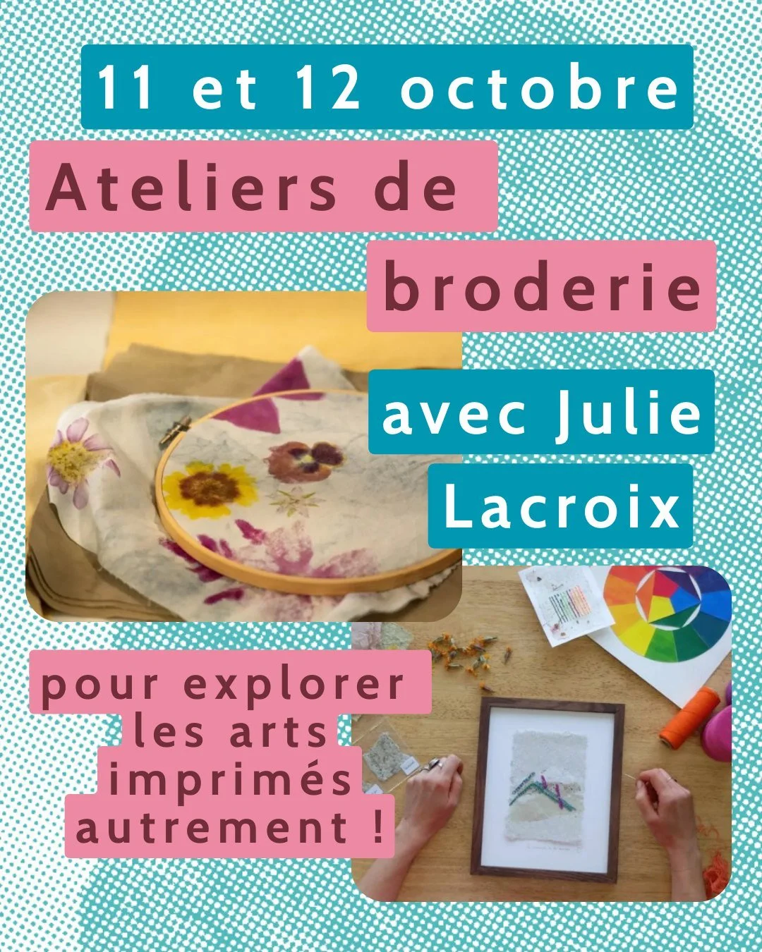 🌟ATELIERS DE BRODERIE AVEC JULIE LACROIX ✂️🪡🧵
***Places limit&eacute;es, liens d'inscriptions ci-dessous***

🌺SUR PAPIER DE FLEURS : Samedi 11 octobre
Des feuilles de papier artisanal confectionn&eacute;es par l'artiste serviront de support, les 