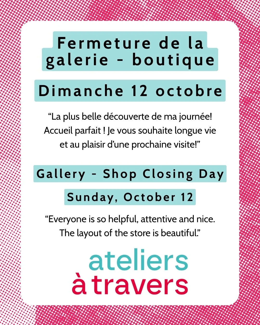😱⏱ &Ccedil;a y est, le d&eacute;compte est lanc&eacute;, il reste 2 semaines &agrave; notre horaire de la galerie-boutique pour la saison 2025!
Ouvert du MARDI AU DIMANCHE de 10h &agrave; 18h
🎁Manquez pas la chance de faire vos cadeaux de No&euml;l