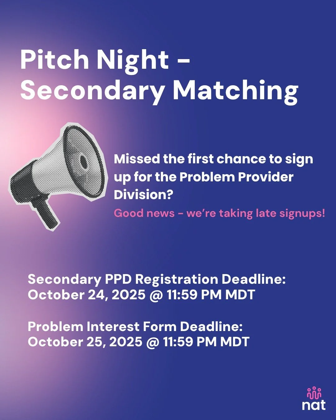 ๐จ Deadline Extended! ๐จ
Missed your chance to join the Problem Provider Division? Good news, there’s still time!
๐น Secondary PPD Registration Deadline: October 24, 2025 @ 11:59 PM MDT
๐น Problem Interest Form Deadline: October 25, 2025 @ 11: