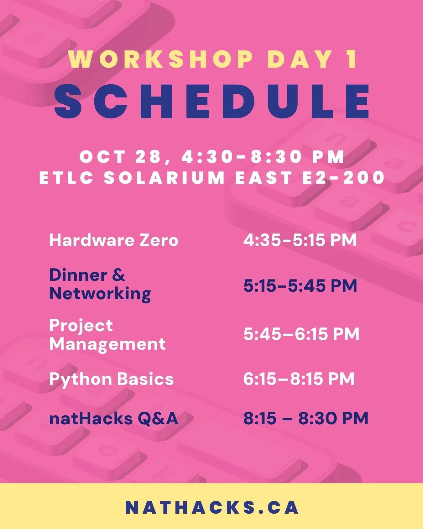 ✨ Workshop Day Schedule is Live! ✨

Get ready to build, learn, and level up.
Our official natHacks 2025 Workshop Day schedule is out &mdash; from technical skills to presentation prep, we&rsquo;ve got you covered before hackathon weekend arrives.

Fo