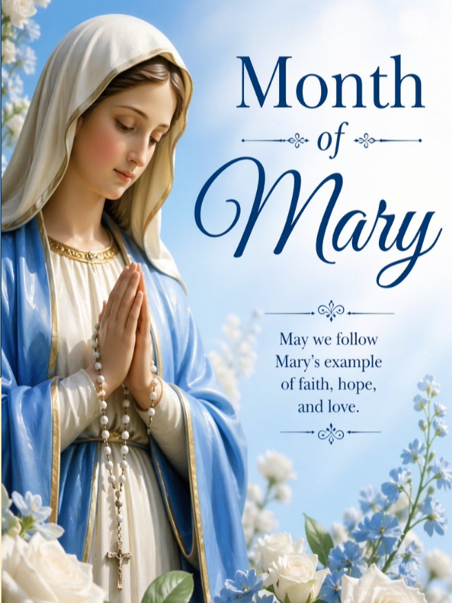 Statue of the Virgin Mary with hands clasped in prayer, surrounded by white and blue flowers, with the text "Month of Mary" and a prayer for faith, hope, and love.