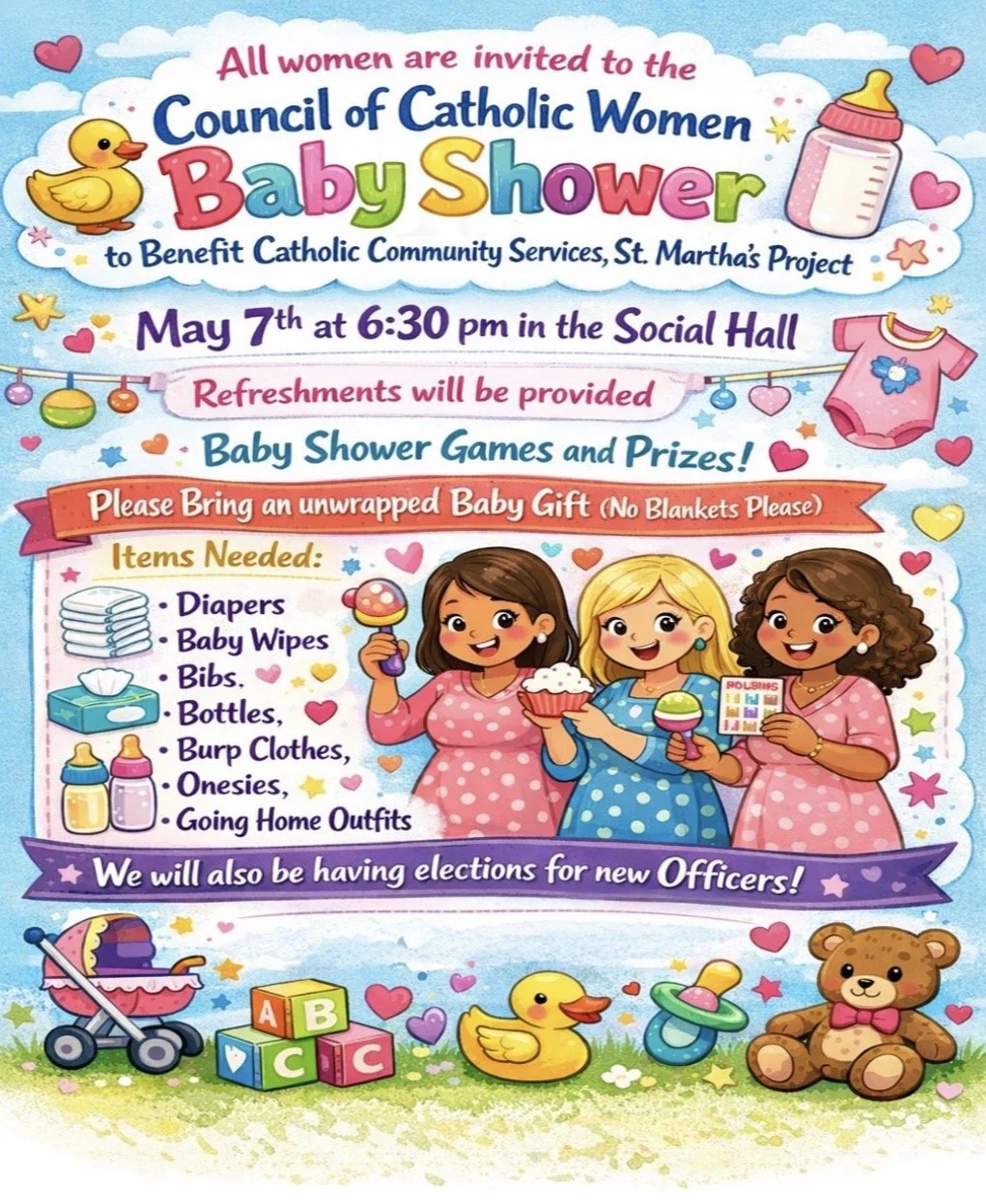 Colorful invitation poster for a women's baby shower hosted by the Council of Catholic Women to benefit Catholic Community Services, St. Martha's Project, on May 7th at 6:30 pm in the Social Hall, featuring images of a rubber duck, baby bottle, baby clothes, and children holding cupcakes, with a list of needed items and activities included.