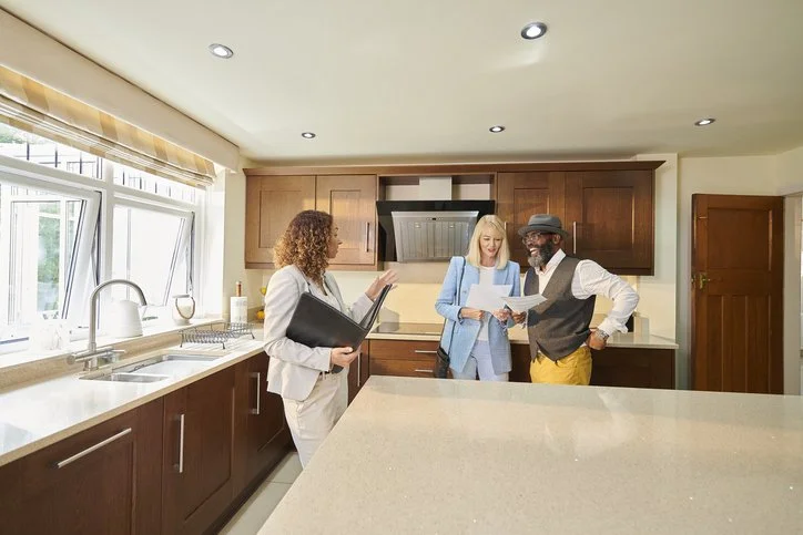 Three people in a kitchen, engaged in a discussion with documents and a tablet, during a real estate or home buying meeting.