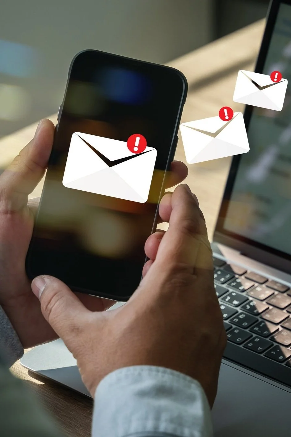 Person holding a smartphone with email notification icons about incoming messages, with a laptop in the background.