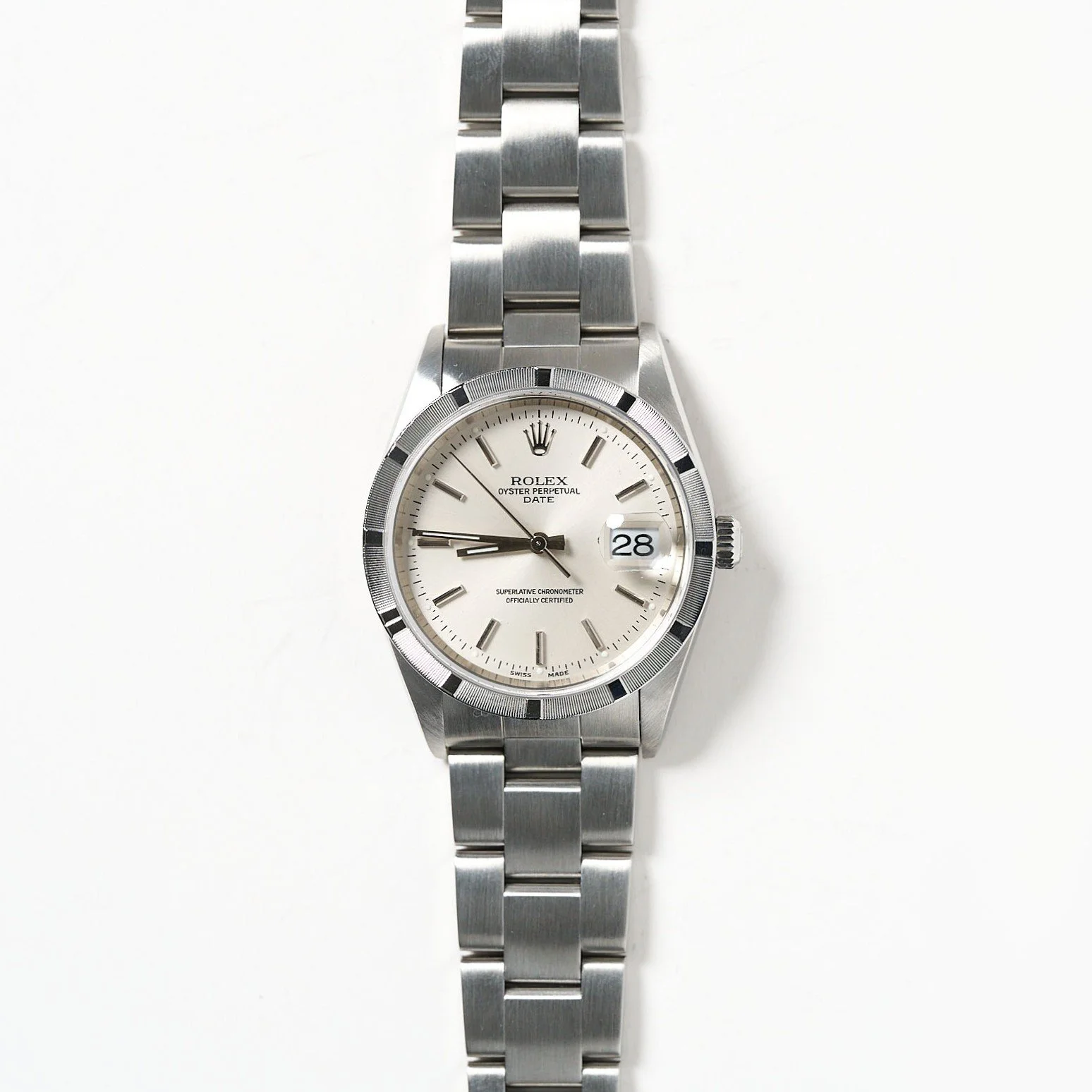 Rolex Date 34mm Silver Index Dial Stainless Steel Engine Turned Bezel Men's Watch #15210 | Full Set | Year: 1999