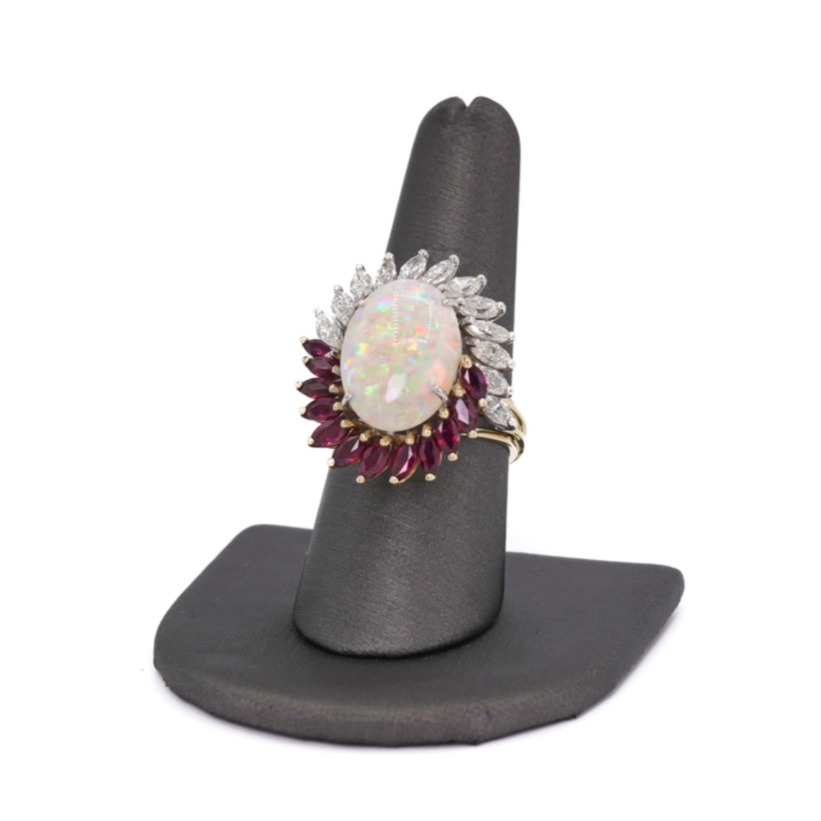 18K Yellow Gold 9.38ct Opal with .88ct Diamonds and .96ct Ruby Ring