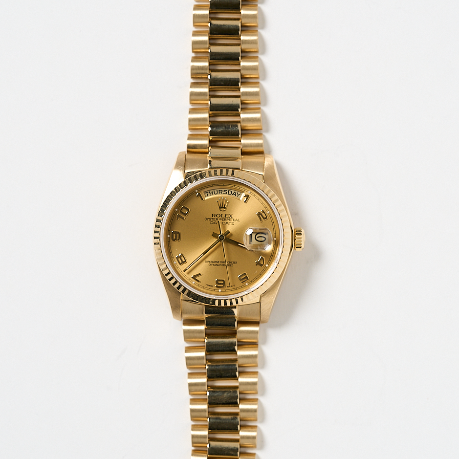 Rolex Day-Date 36mm 18K Yellow Gold Champagne Dial Fluted Bezel President Bracelet Watch #18038 | Full Set | Year: 1980