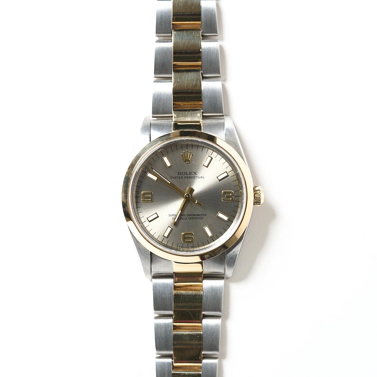 Rolex Oyster Perpetual 34mm Silver Dial Two-Tone Stainless Steel 18K Yellow Gold Men's Watch #14203 | Full Set