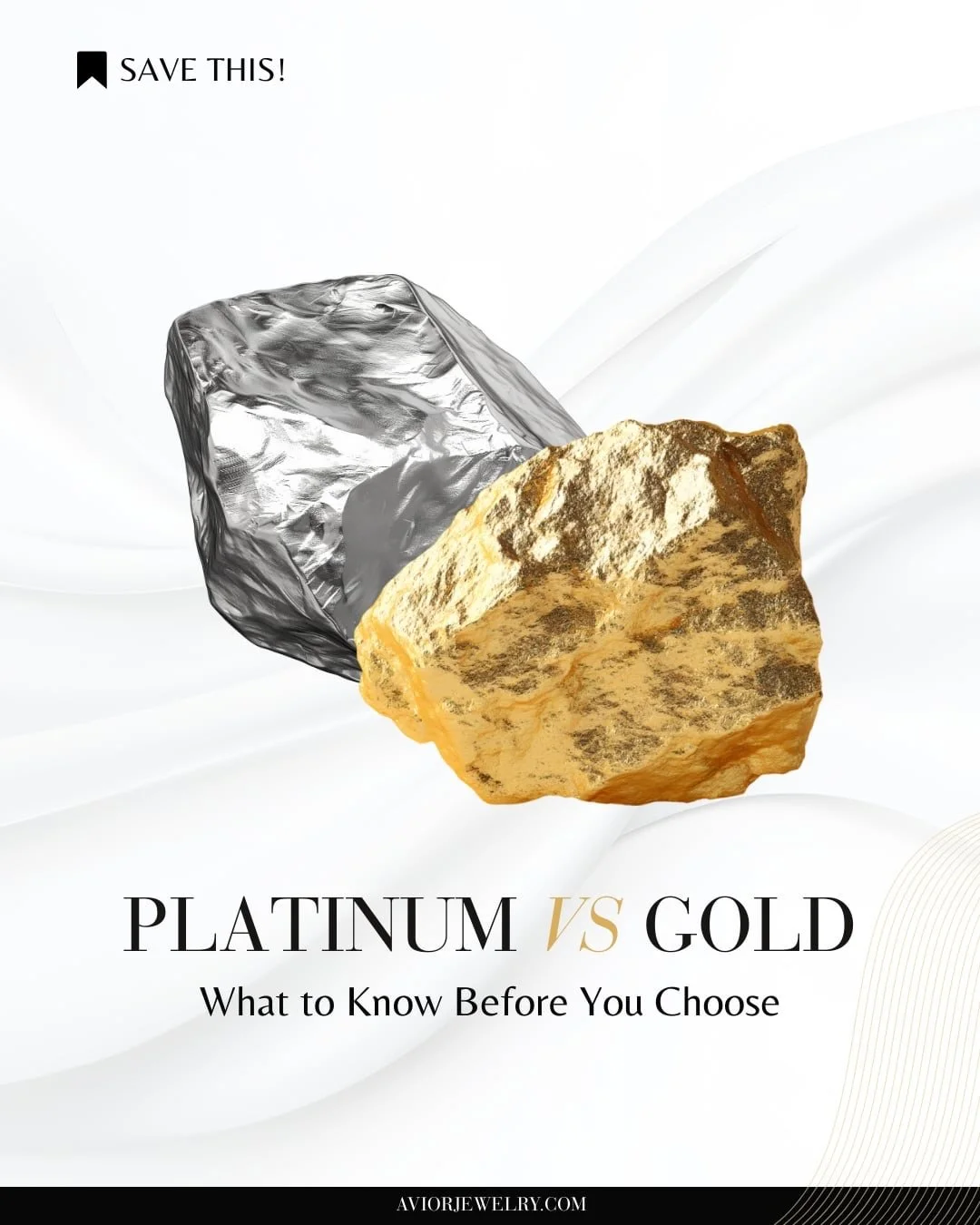 We get this question a lot: platinum or gold?

Short answer: both are great. Platinum is denser, naturally white, and stays that way. Gold is lighter, comes in more colors, and costs less.

The right choice depends on your lifestyle, your budget, and