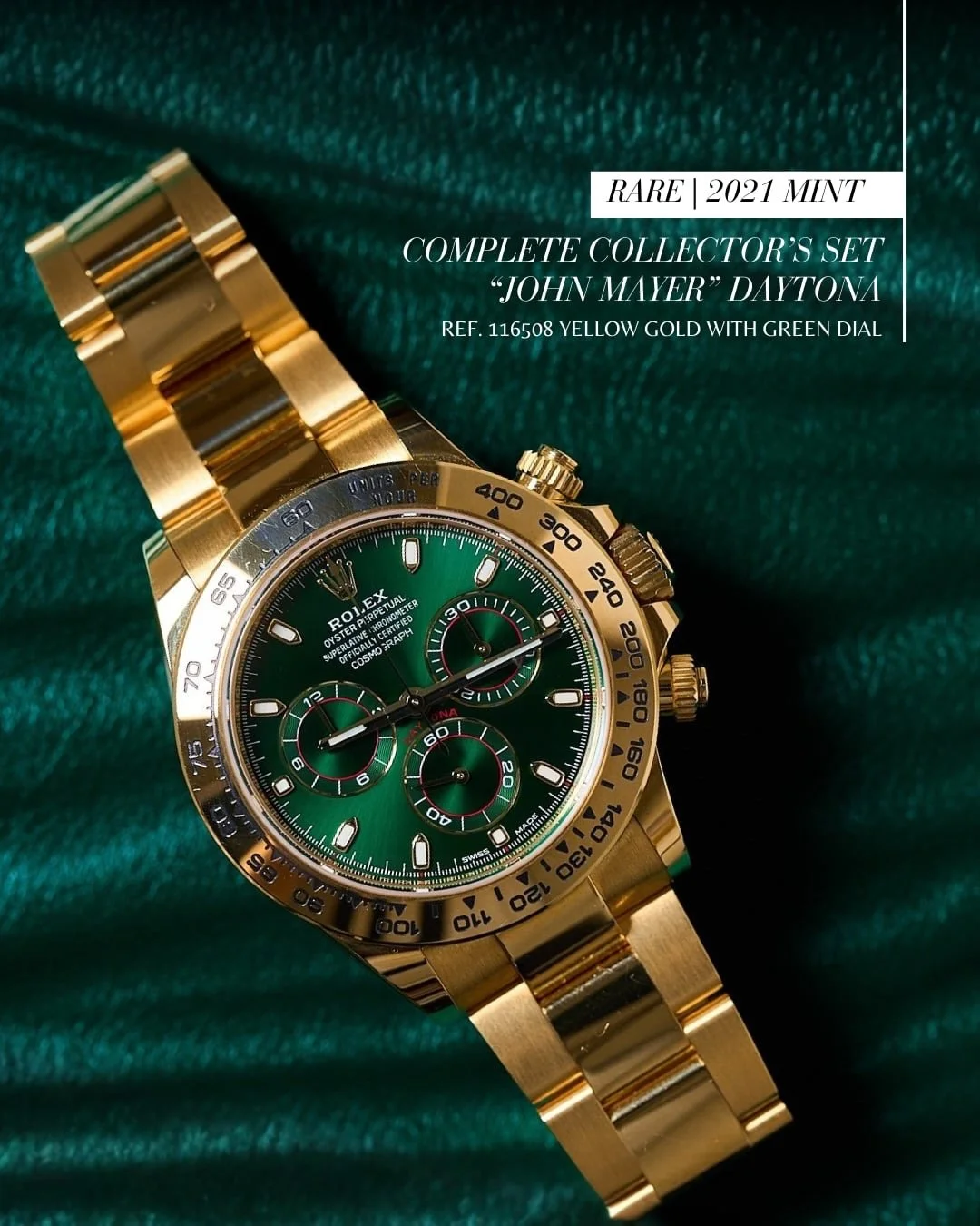 💚 AVAILABLE NOW: The Iconic &ldquo;John Mayer&rdquo; Rolex Daytona 116508 💛

Meet one of the most coveted modern Rolex models &mdash; the Rolex Cosmograph Daytona 116508 Green Dial, famously known as the &ldquo;John Mayer&rdquo; Daytona.&rdquo;

Cr