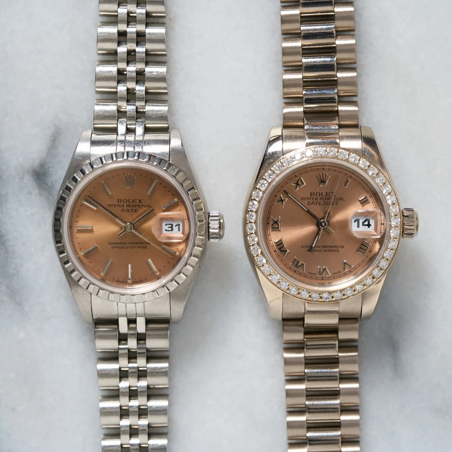 King Salmon &amp; Toro Junior, side by side.

Steel jubilee meets rose gold President. Two discontinued 26mm references, one very specific shade of dial that Rolex doesn&rsquo;t make anymore. Both in the case today.

Steel jubilee or rose gold Presid